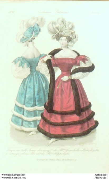 Gravure de mode Costume Parisien 1832 n°2954 Robe de satin à corsage plissé
