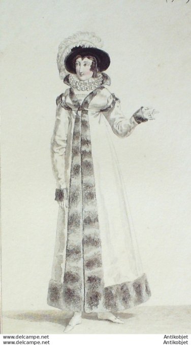 Gravure de mode Costume Parisien 1818 n°1710 Spencer de crépon garni de satin