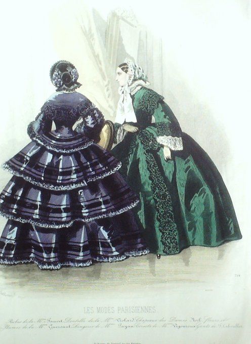 Gravure Les Modes Parisiennes 1853 # 714 Robes de soirée Maison Fauvet