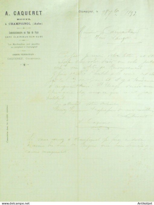 Lettre Ciale A.Caqueret (vins) 1893 à Champignol (10)