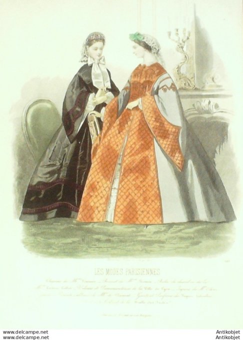 Gravure Les Modes Parisiennes 1862 # 988 Robes gros de Naples Maison Fournier