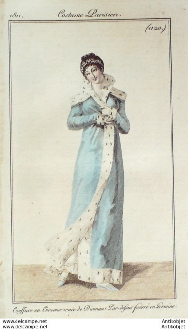 Gravure de mode Costume Parisien 1811 n°1120 Pardessus fourré en hermine