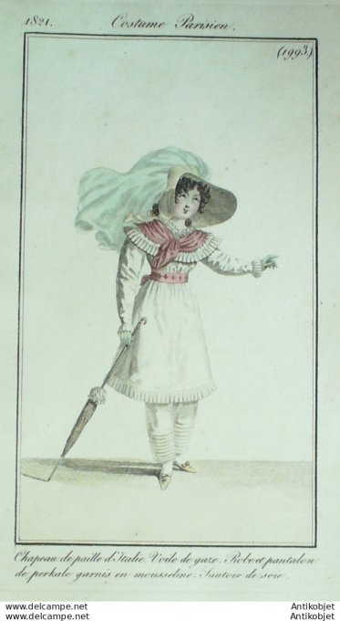 Gravure de mode Costume Parisien 1821 n°1994 Habit de drap garçon sautoir