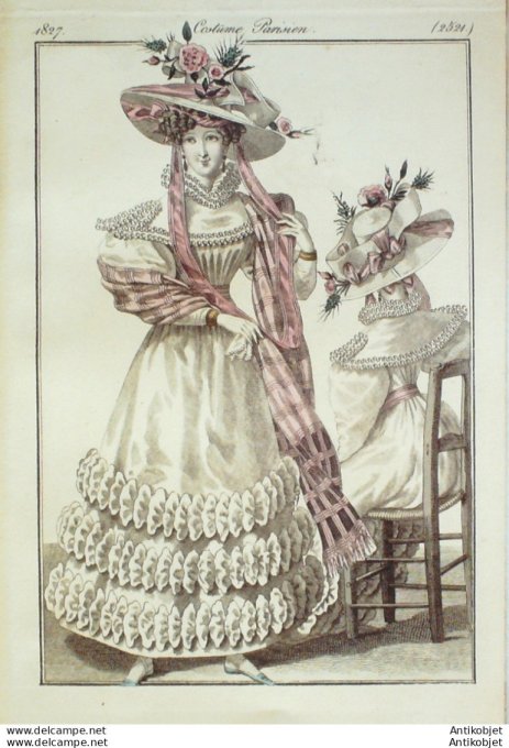 Gravure de mode Costume Parisien 1827 n°2514 Robe mousseline garnie de malines