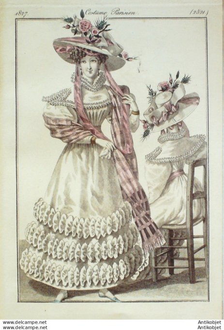 Costume Parisien 1827 # 2514 Robe mousseline garnie de malines
