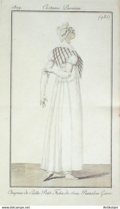 Costume Parisien 1809 # 985 (eau forte) Fichu de soie Pantalon garni