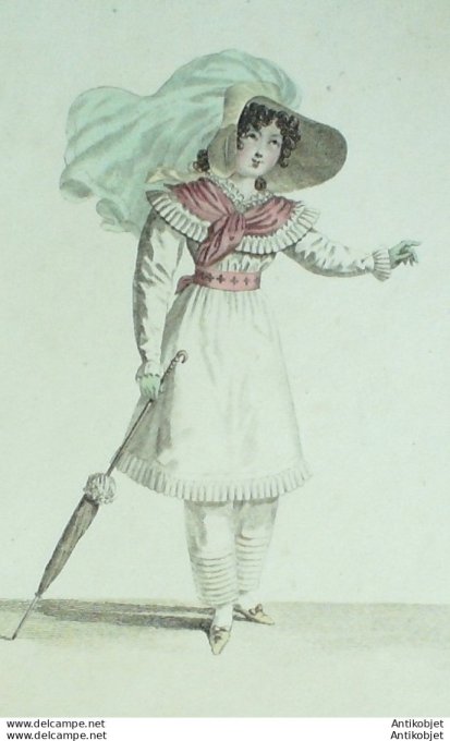 Gravure de mode Costume Parisien 1821 n°1994 Habit de drap garçon sautoir