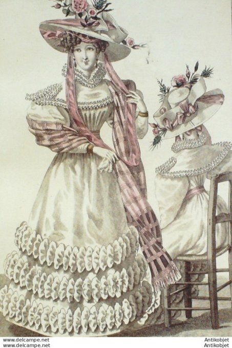 Gravure de mode Costume Parisien 1827 n°2514 Robe mousseline garnie de malines
