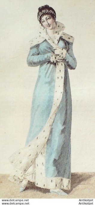 Gravure de mode Costume Parisien 1811 n°1120 Pardessus fourré en hermine