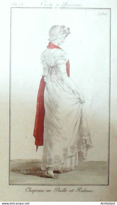 Gravure de mode Costume Parisien 1805 n° 586 (An 13) Chapeau en paille et rubans