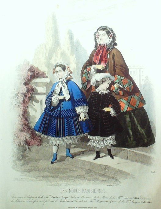 Gravure Les Modes Parisiennes 1853 # 716 Costumes enfants Maison Royer