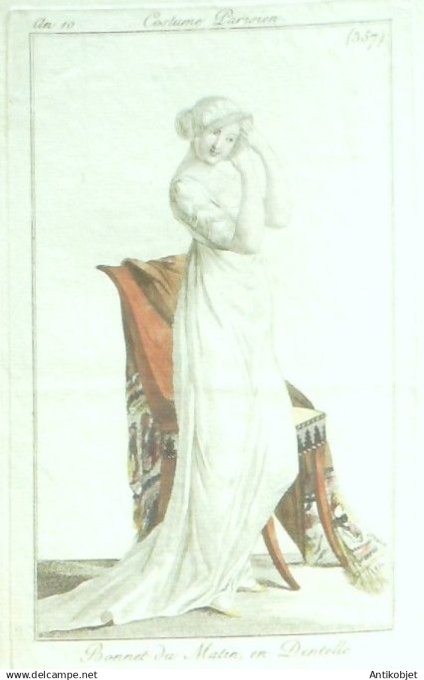 Costume Parisien 1802 an 10 # 357 (eau forte) Bonnet du matin en dentelle