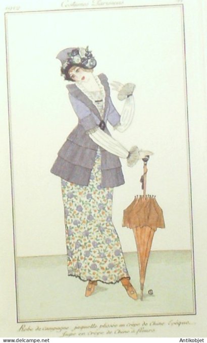 Gravure de mode Costume Parisien 1912 pl.11 GL Monogramme Robe en crêpe