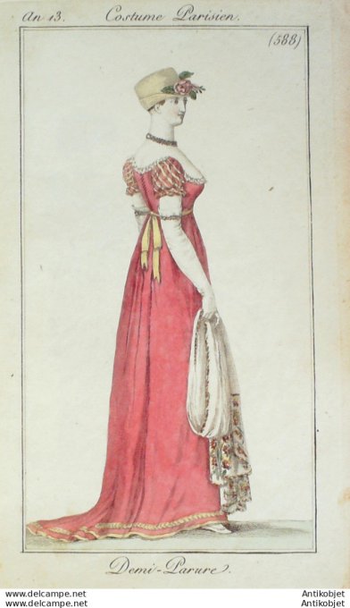 Gravure de mode Costume Parisien 1805 n° 588 (An 13) Demi parure
