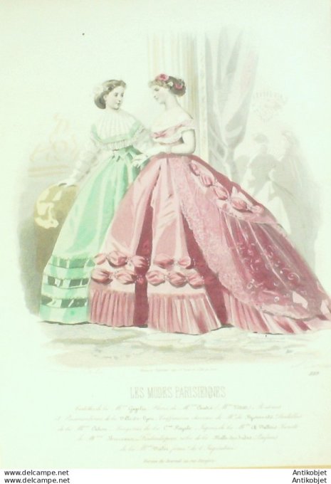 Gravure Les Modes Parisiennes 1865 #1189 Robes organdi Maison Cagelin