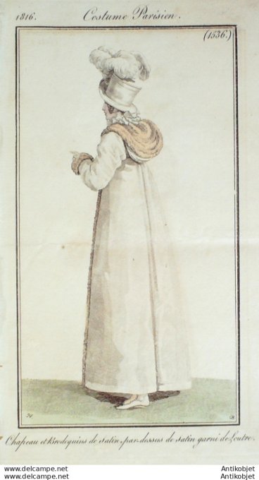 Gravure de mode Costume Parisien 1816 n°1536 Pardessus de satin garni