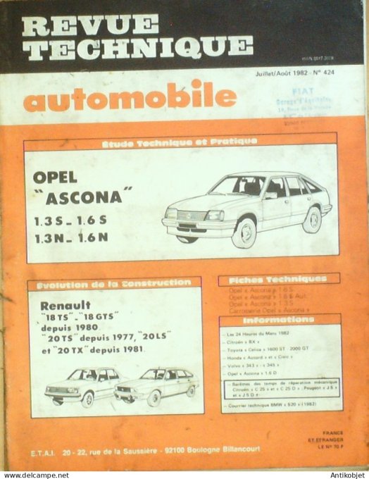 Revue Tech. Automobile 1982 n°424 Opel Ascona Renault 18 & R20
