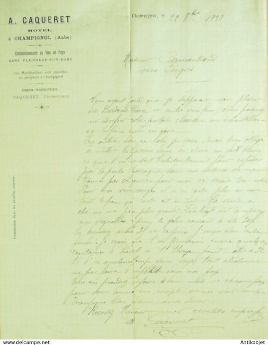 Lettre Ciale A.Caqueret (vins) 1893 à Champignol (10) 2
