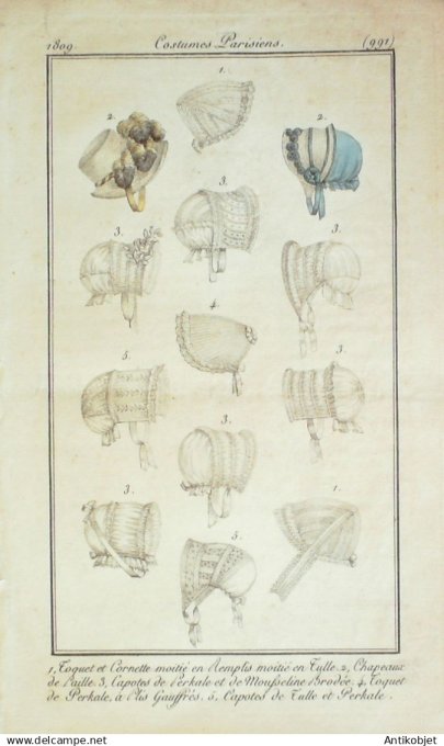 Costume Parisien 1809 # 991 (eau forte) Toquet et cornette