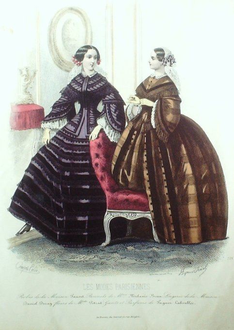 Gravure Les Modes Parisiennes 1854 # 721 Robes velours Maison Fauvet