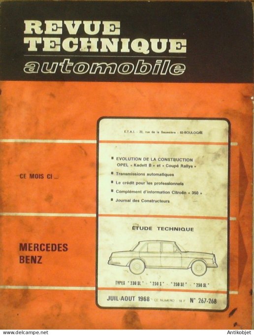 Revue Tech. Automobile 1968 n°267 Mercedez-Benz 230 250 Opel Kadett B