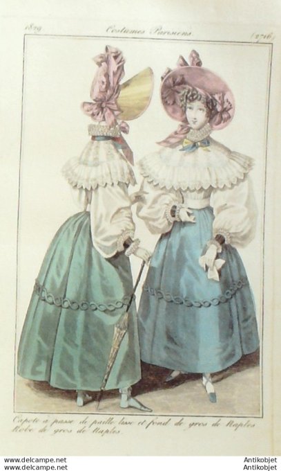 Gravure de mode Costume Parisien 1829 n°2716 Capote robe à passe de paille