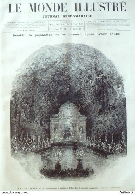Le Monde illustré 1880 n°1217 fête du 14 Juillet Bastille fontaine de Médicis