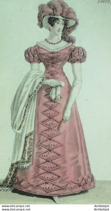 Gravure de mode Costume Parisien 1823 n°2122 Robe perkale bordée écharpe