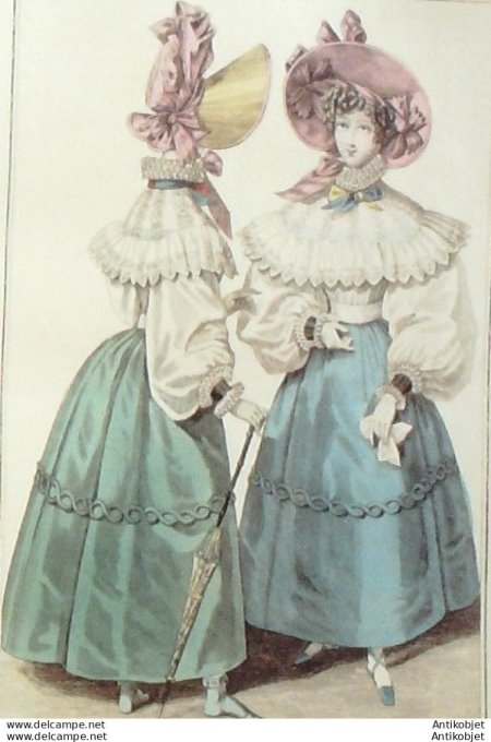 Gravure de mode Costume Parisien 1829 n°2716 Capote robe à passe de paille