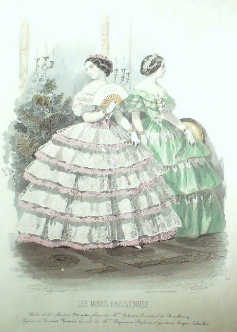 Gravure Les Modes Parisiennes 1854 # 723 Robes en tulle Maison Minette