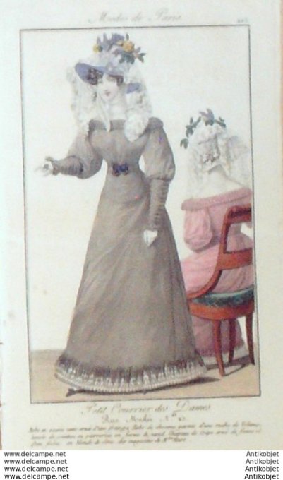 Gravure Mode Courrier des Dames 1824 #  213 (eau forte old Fashion plate)
