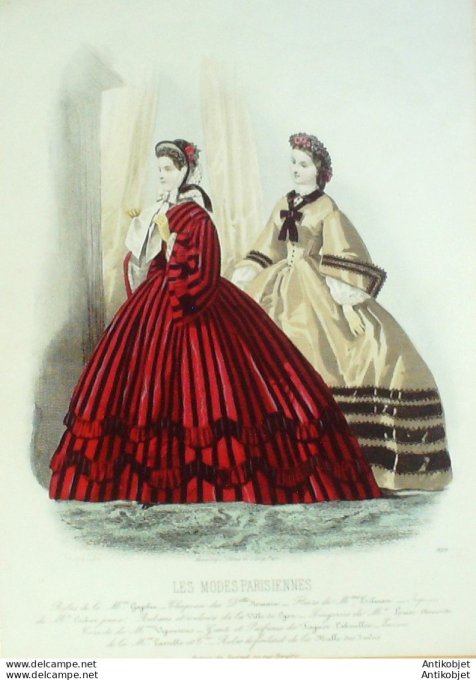 Gravure Les Modes Parisiennes 1862 # 989 Robes velours Maison Gagelin