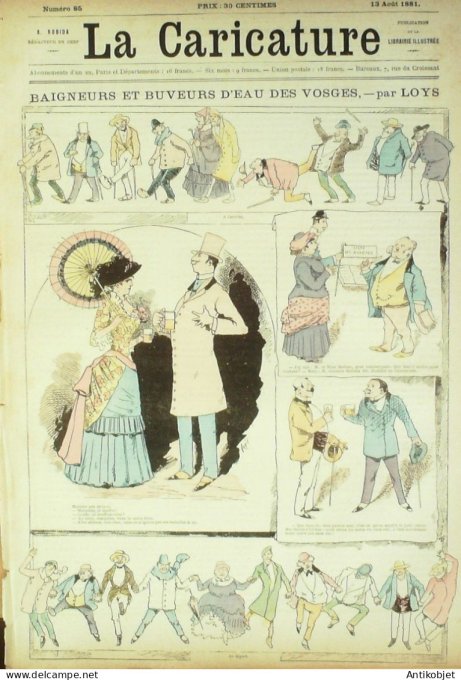 La Caricature 1881 #  85 Baigneurs & buveurs d'eau des Vosges Loys Bains de mer Cocoteville Bach