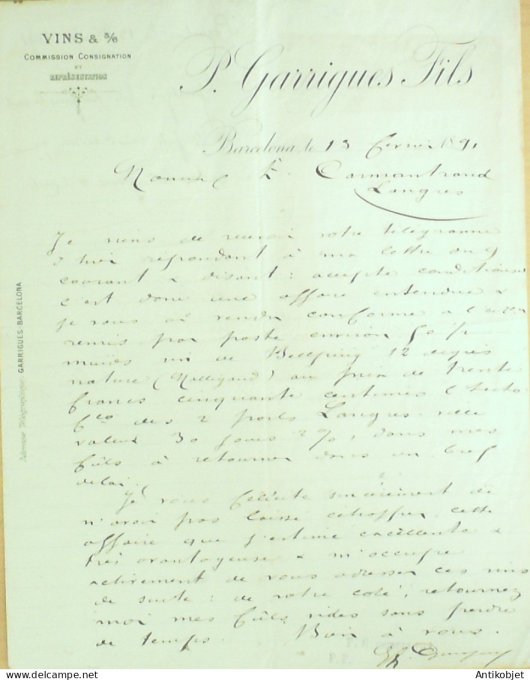 Lettre Ciale P.Garrigues (Vins) 1891 Barcelone