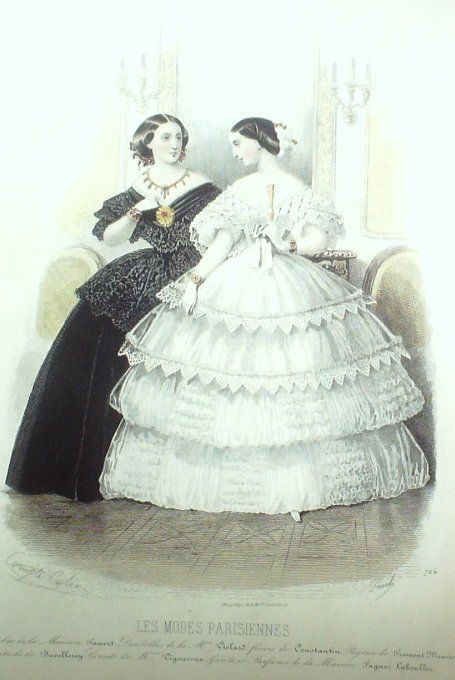 Gravure Les Modes Parisiennes 1854 # 724 Robes dentelles Maison Fauvet