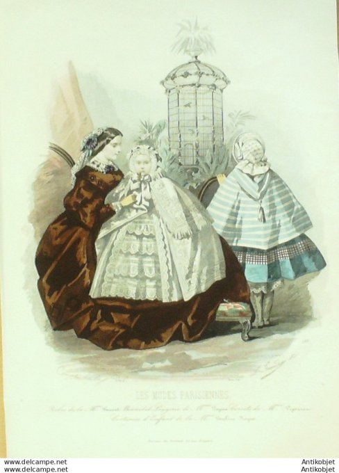 Gravure Les Modes Parisiennes 1858 # 783 Robes velours satin Maison Fauvet