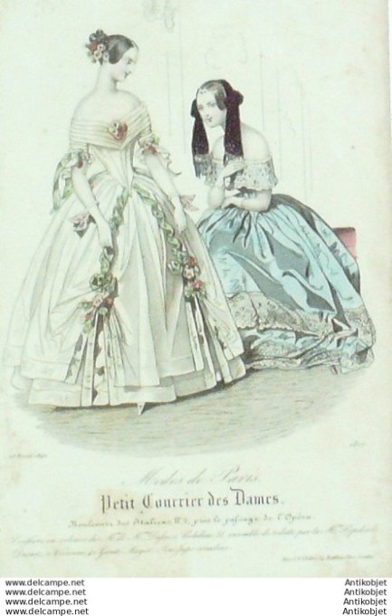 Gravure Mode Courrier des Dames 1842 # 1810 (eau forte old Fashion plate)