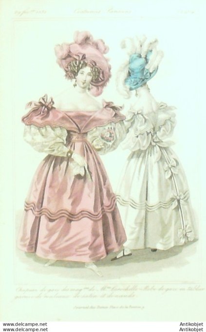 Gravure de mode Costume Parisien 1832 n°2964 Robe de gaze en tablier garnie