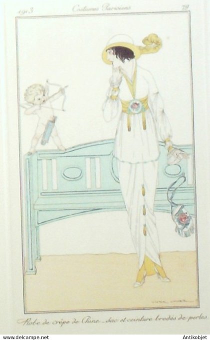 Gravure de mode Costume Parisien 1913 pl.079 LHUER Victor Robe de crêpe