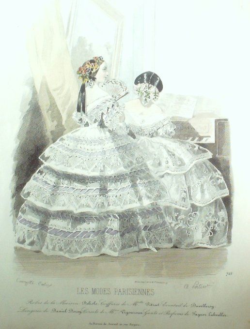 Gravure Les Modes Parisiennes 1854 # 725 Robes Maison Delisle