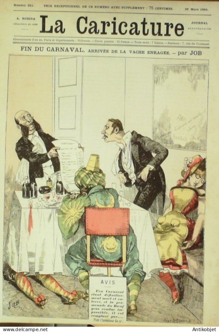 La Caricature 1884 #221 Carnaval cortège et restaurant de la vache enragée Job