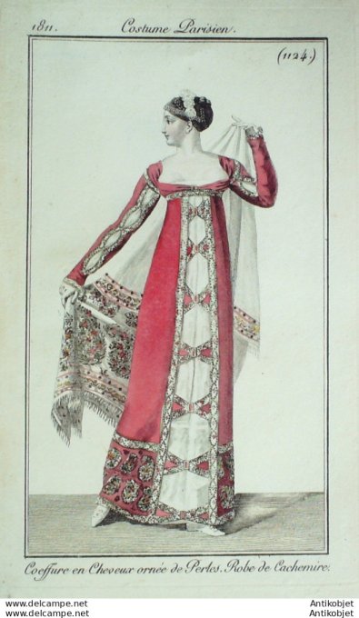 Gravure de mode Costume Parisien 1811 n°1124 Robe de cachemire