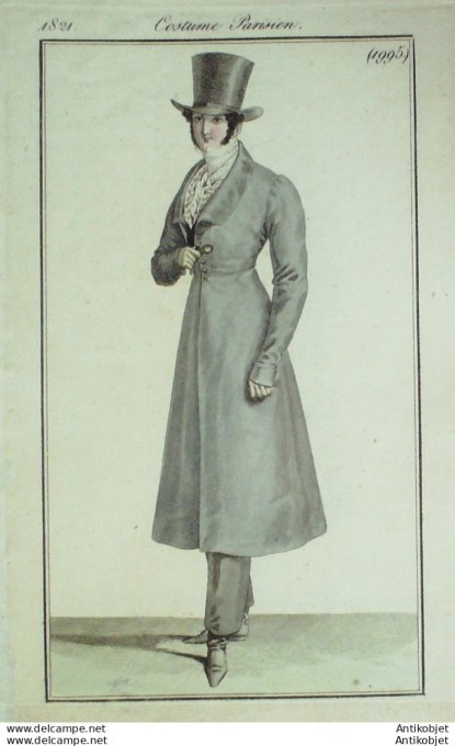 Gravure de mode Costume Parisien 1821 n°1995 Redingote homme de camelot à collet