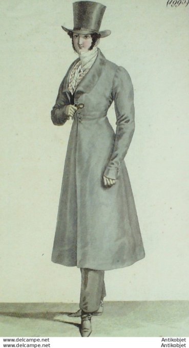 Gravure de mode Costume Parisien 1821 n°1995 Redingote homme de camelot à collet