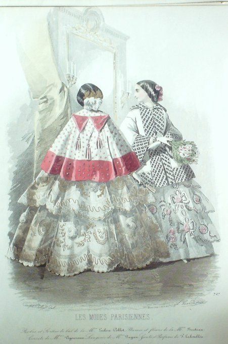 Gravure Les Modes Parisiennes 1854 # 727 Robes de bal Maison Collot