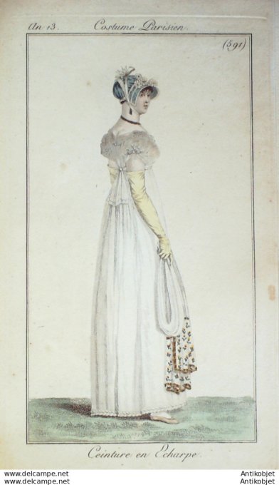 Gravure de mode Costume Parisien 1805 n° 591 (An 13) Ceinture en écharpe