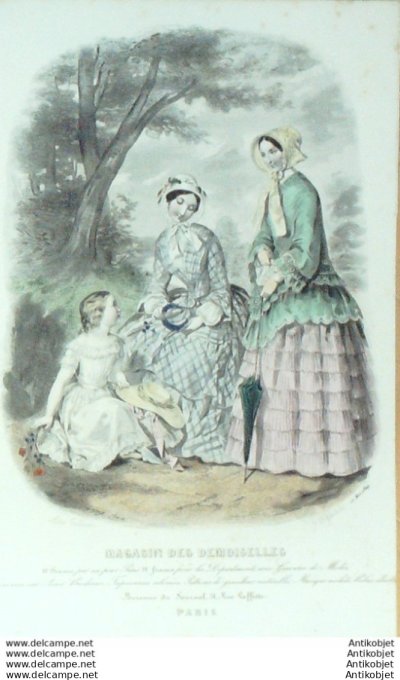 Gravure Mode Magasin Demoiselles 1849 #  5 (aquarellee Old Fashion plate)