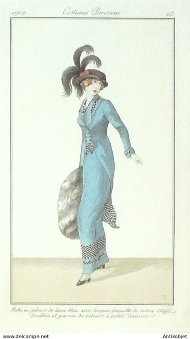 Gravure Mode Costume Parisien 1912 #   23 Sesboue Suzanne (eau forte)