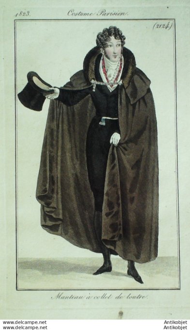 Gravure de mode Costume Parisien 1823 n°2124 Manteau homme de loutre à collet