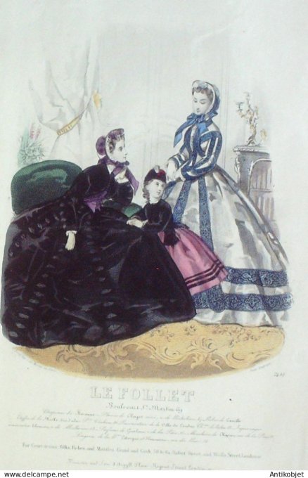 Gravure Mode Le Follet 1864 # 2451 (aquarelle Old Fashion plate)